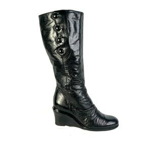 MIZ MOOZ BLACK LEATHER KNEE BOOTS DISTRESSED LEATHER PLATFORM BOOT WEDGE SIZE 42